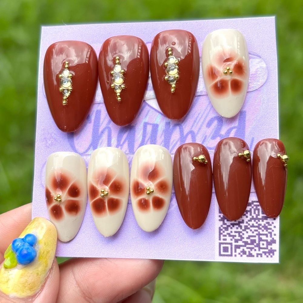 🍂 Charm3d Press On Nails | Autumn Bloom | Handmade Floral & Gemstone Nail Art